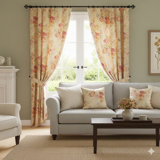 French Country Shabby Chic Floral Print Drapes - Vintage Rose & Peony Curtains