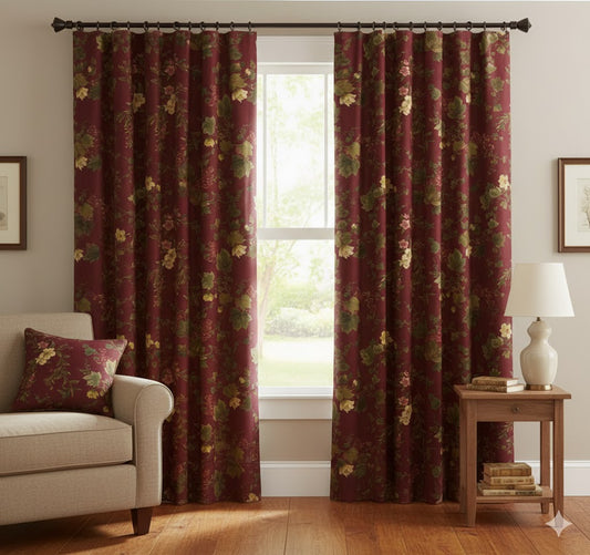 Vintage Wine Red & Gold Grapevine Blackout Curtains | French Country Cottage Window Panels