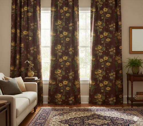 Luxury Victorian Sunflower & Lily Curtains - Deep Burgundy Botanical Print
