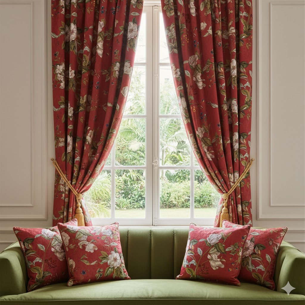 Grand Traditional Red Botanical Curtains for Living Room/Bedroom