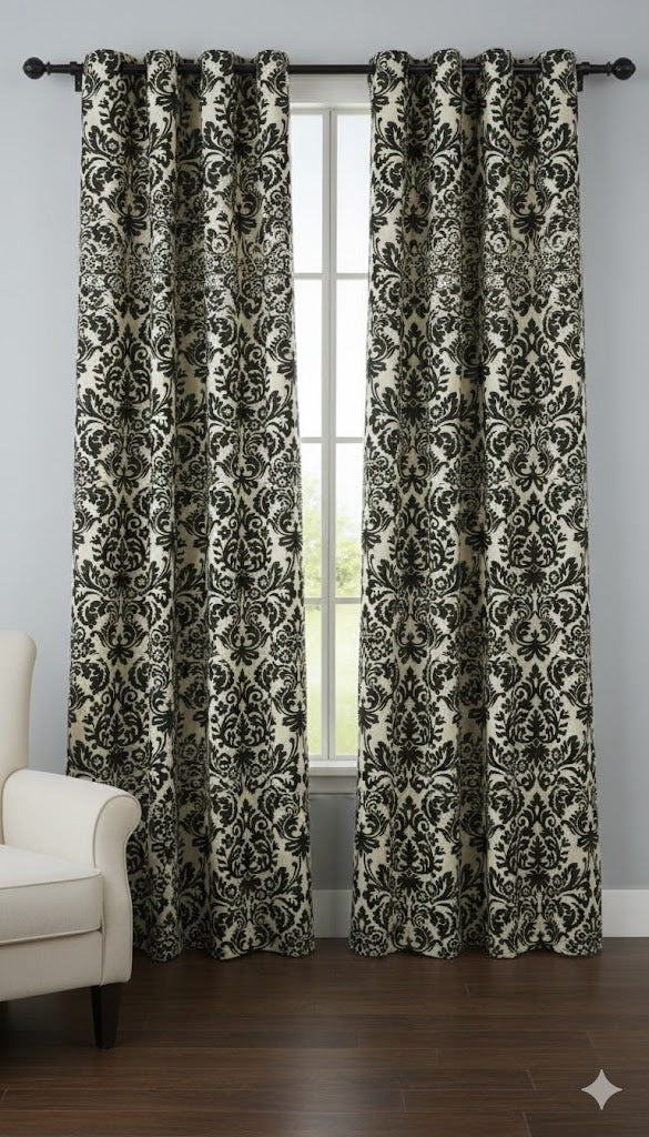 Regal Black and Ivory Damask Window Curtains | Luxurious Baroque Grommet Drapes