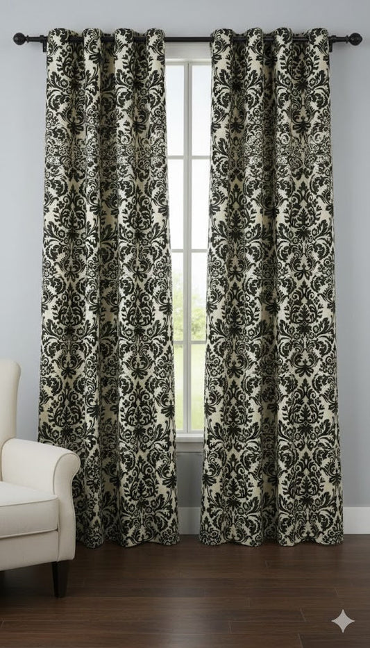 Regal Black and Ivory Damask Window Curtains | Luxurious Baroque Grommet Drapes