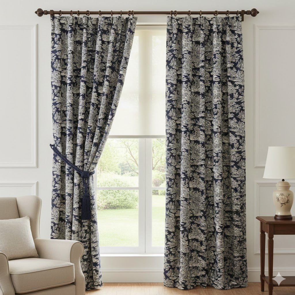 Luxury Navy & White Toile De Jouy Pinch Pleat Curtains