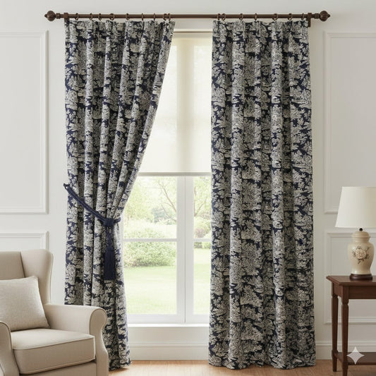 Luxury Navy & White Toile De Jouy Pinch Pleat Curtains
