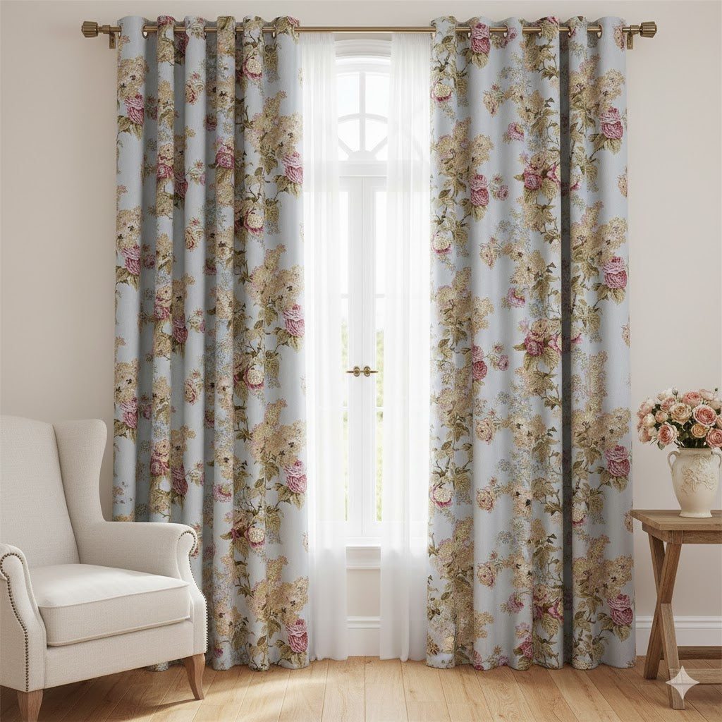 Shabby Chic Rose & Hydrangea Floral Curtains - Vintage Botanical Print Eyelet Drapes on Pale Blue