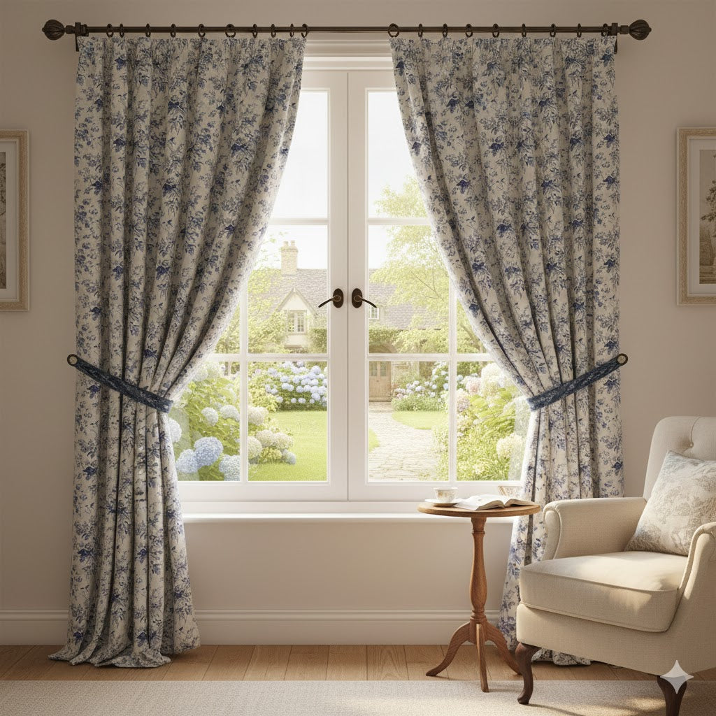 Classic Blue & White Toile Floral Blackout Curtains - French Country Window Panels