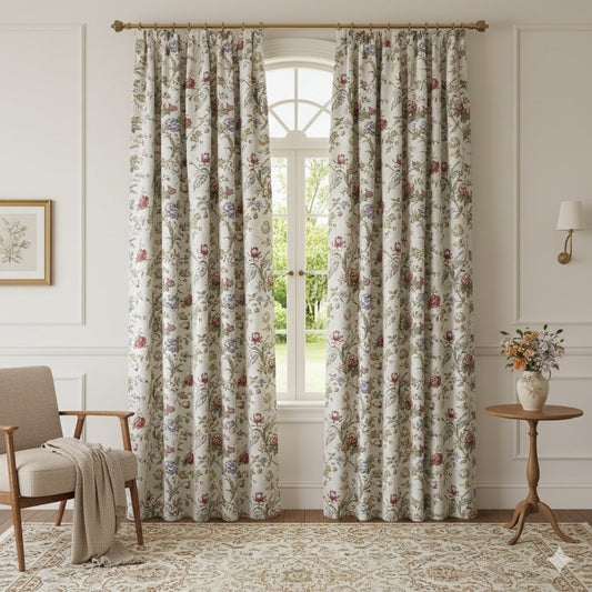 Vintage Chinoiserie Floral Curtains - Cream and Multi-Color Peony Print Drapes