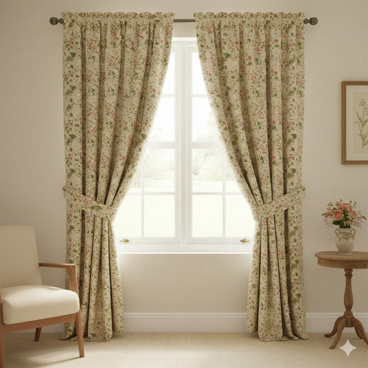English Countryside Floral Curtains - Vintage Morning Glory Print on Soft Beige - Fully Lined Rod Pocket Drapes