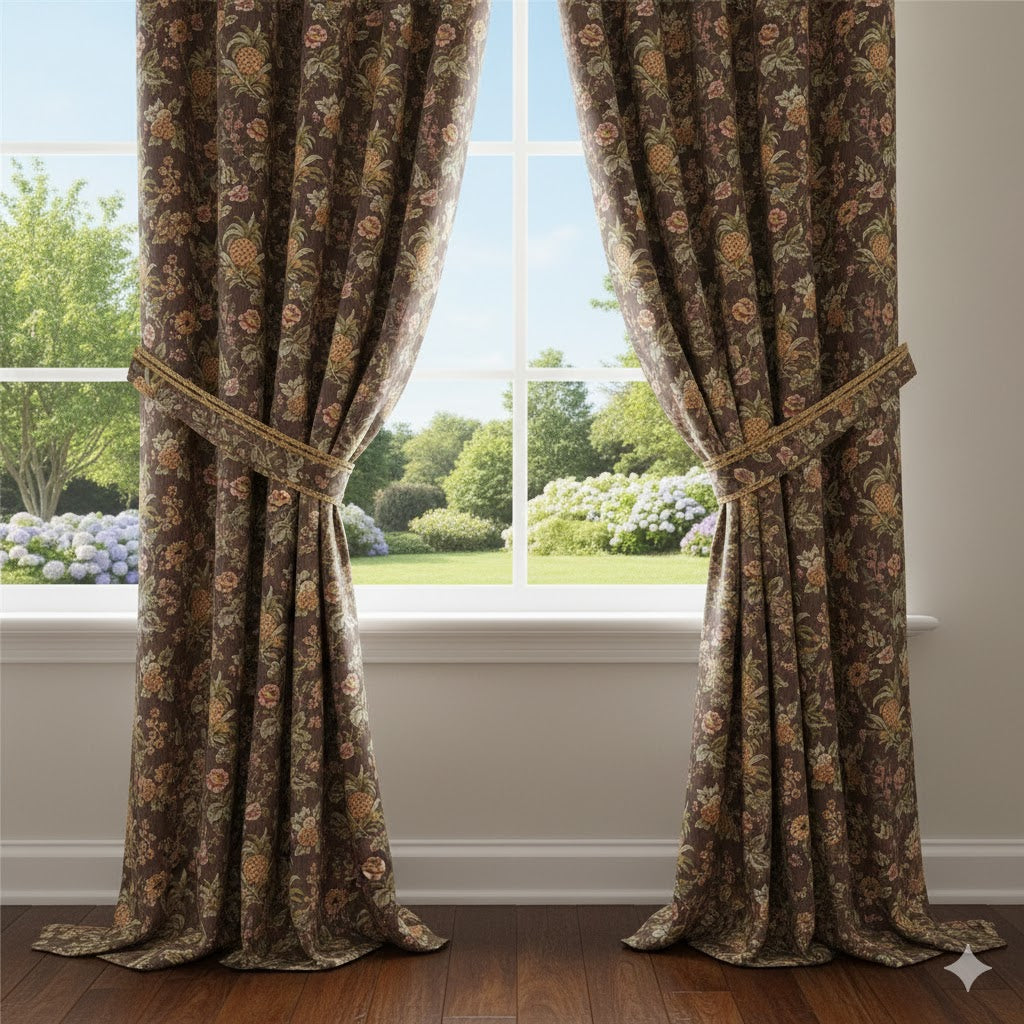 Luxurious Deep Brown Pineapple & Floral Blackout Curtains