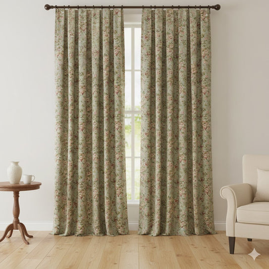 Shabby Chic Rosebud Blackout Curtains - Dusty Sage Floral Drapery Panels - Vintage Cottagecore Window Treatments