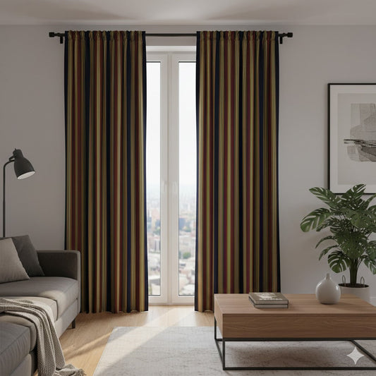 Regal Multi-Stripe Blackout Curtains - Navy, Burgundy & Gold Vertical Pattern
