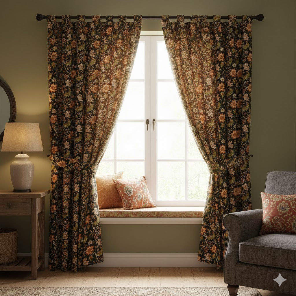 Luxury Dark Ground Jacobean Floral Curtains | Rustic Autumn Orange & Green Print Blackout Drapes