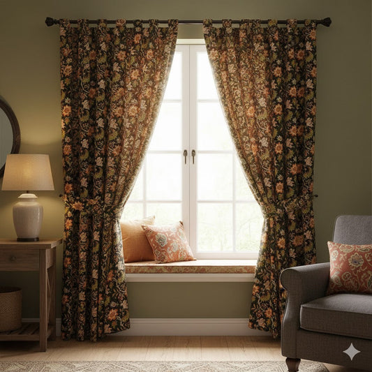 Luxury Dark Ground Jacobean Floral Curtains | Rustic Autumn Orange & Green Print Blackout Drapes