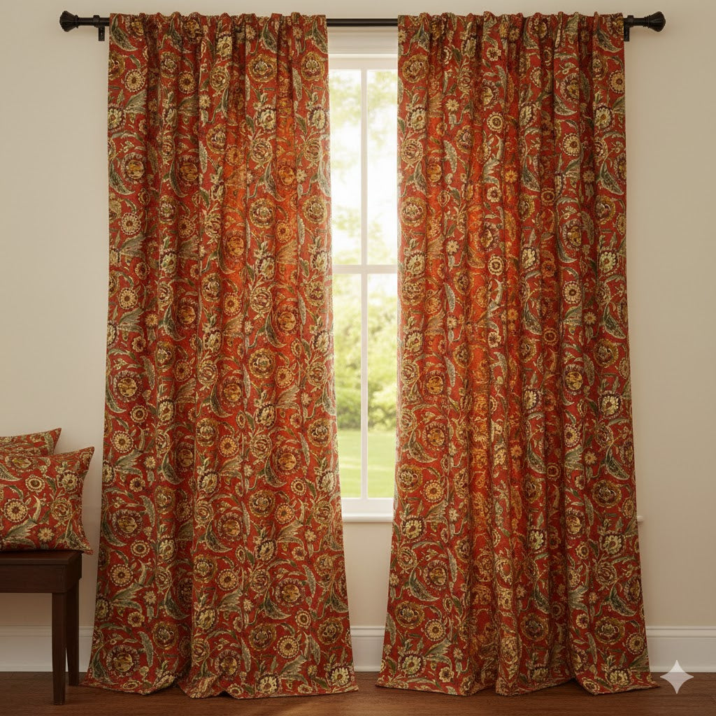 Elegant Terracotta Red Jacobean Floral Print Window Curtains | Room Darkening Panels