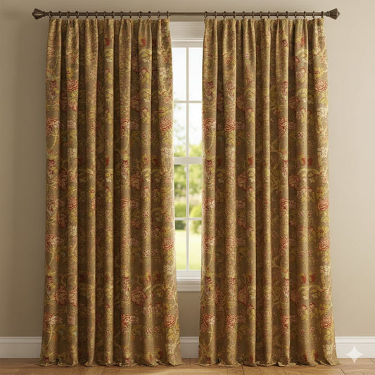 Luxury Chinoiserie Bird & Floral Custom Curtains - Tan Jacobean Designer Drapes