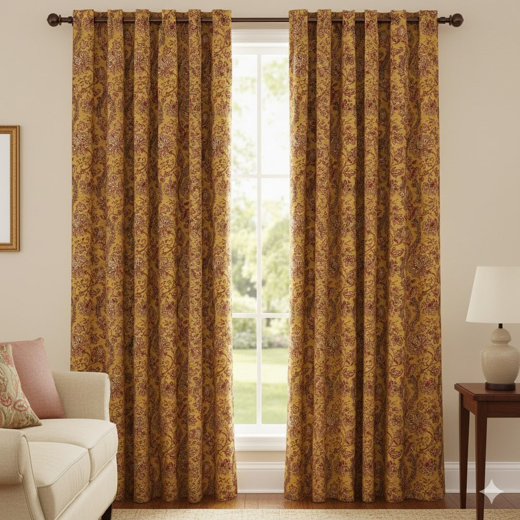Luxury Mustard Yellow & Rust Indienne Floral Blackout Curtain Panel