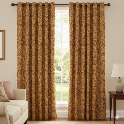 Luxury Mustard Yellow & Rust Indienne Floral Blackout Curtain Panel