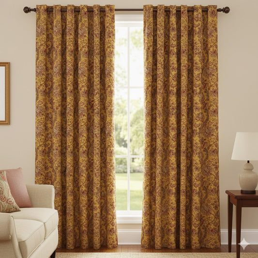 Luxury Mustard Yellow & Rust Indienne Floral Blackout Curtain Panel