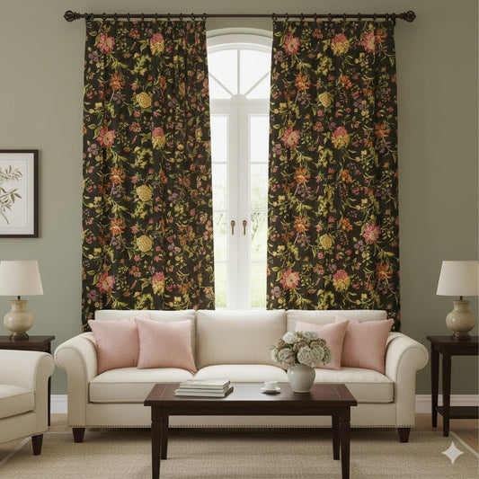 Regal Chinoiserie Floral Blackout Curtains - Custom Jacobean Print Drapes - Luxury Dark Botanical Window Panels