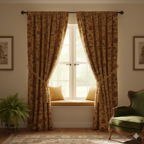 Kalamkari Mustard Gold Blackout Curtains | Rustic Indian Chintz Floral Drapes | Rod Pocket Custom Window Treatments