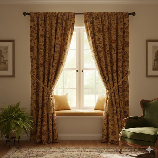 Kalamkari Mustard Gold Blackout Curtains | Rustic Indian Chintz Floral Drapes | Rod Pocket Custom Window Treatments
