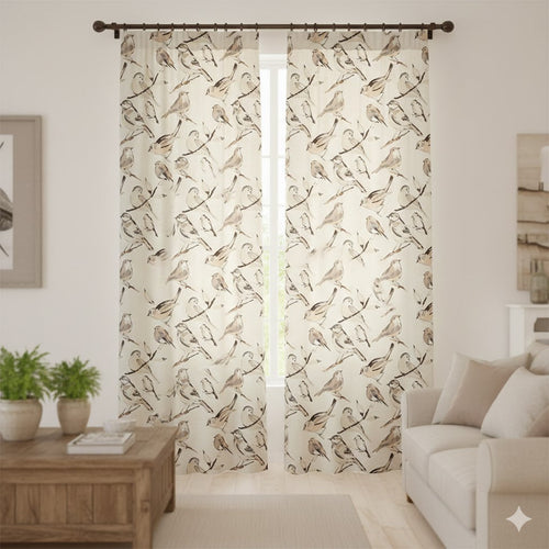 Neutral Sketch Bird Curtains - Watercolor Songbird Window Panels for Farmhouse