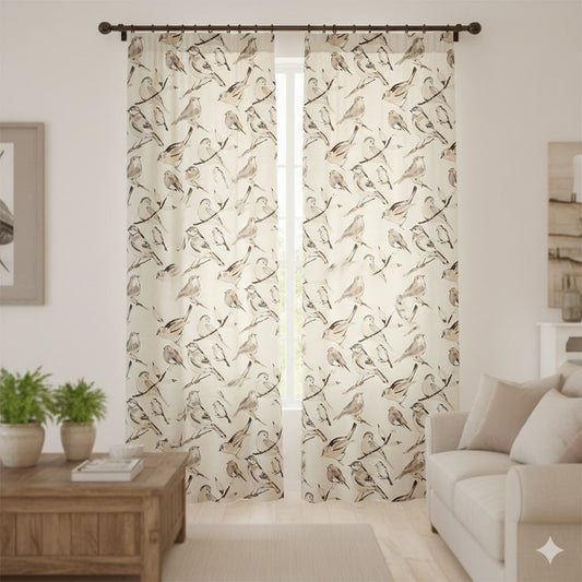 Neutral Sketch Bird Curtains - Watercolor Songbird Window Panels for Farmhouse