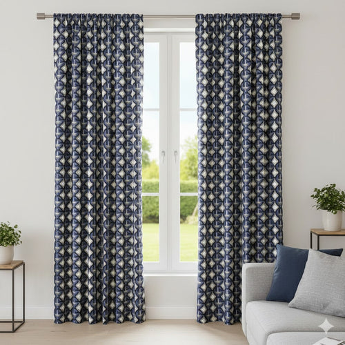 Navy Blue & White Geometric Pattern Curtains — Mid-Century Retro Chain Link Blackout/Privacy Drapes