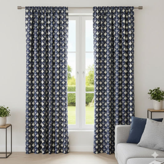 Navy Blue & White Geometric Pattern Curtains — Mid-Century Retro Chain Link Blackout/Privacy Drapes