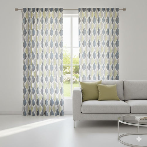 Scandi Abstract Leaf Print Curtains - Blue, Grey, & Chartreuse Eyelet Drapes