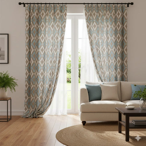 Bohemian Diamond Ikat Curtains | Taupe & Soft Blue Geometric Window Panels