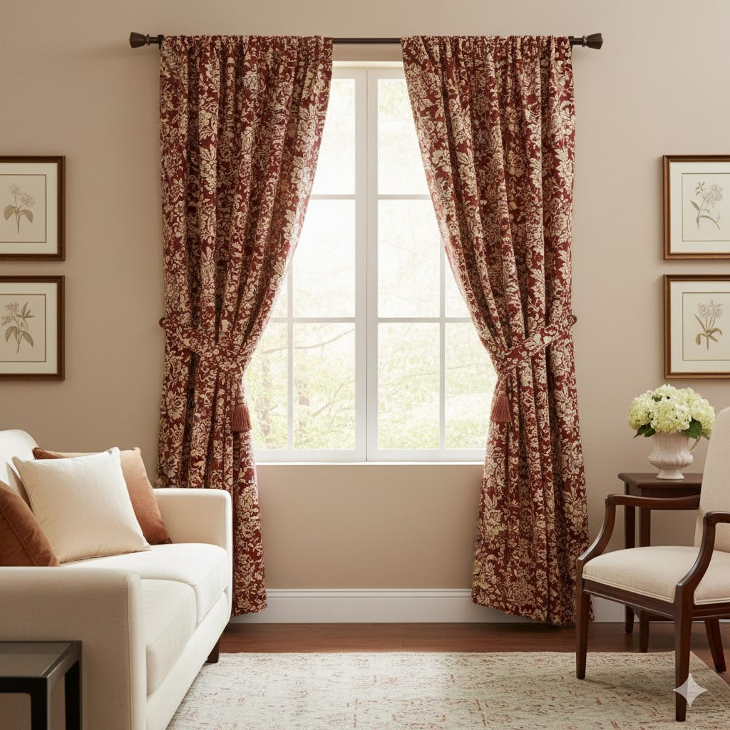 Regal Burgundy & Cream Jacobean Floral Blackout Curtain Panel