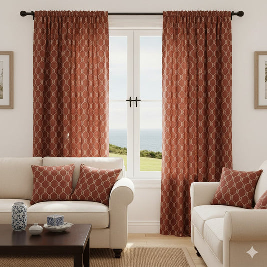Coastal Knot Lattice Blackout Curtains - Terracotta Red Nautical Panel Drapes