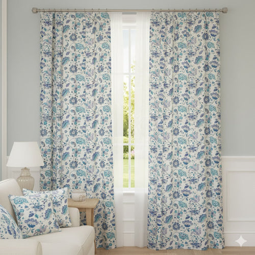 Coastal Blue and Teal Jacobean Floral Print Window Curtains | Chinoiserie Design