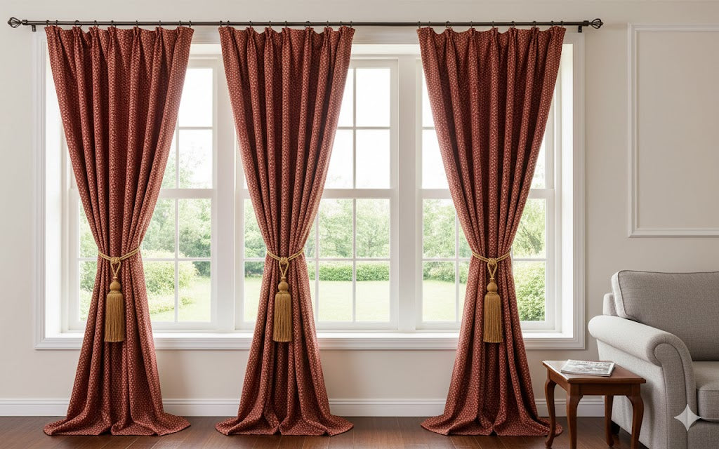 Luxury Ruby Red & Beige Spotted Blackout Curtains - Classic Textured Drapes