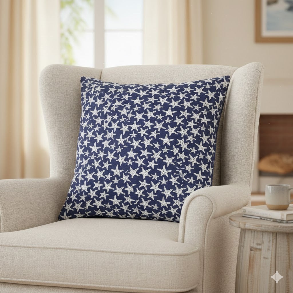 Navy Blue Starfish Decorative Throw Pillow | Coastal Nautical Accent Cushion