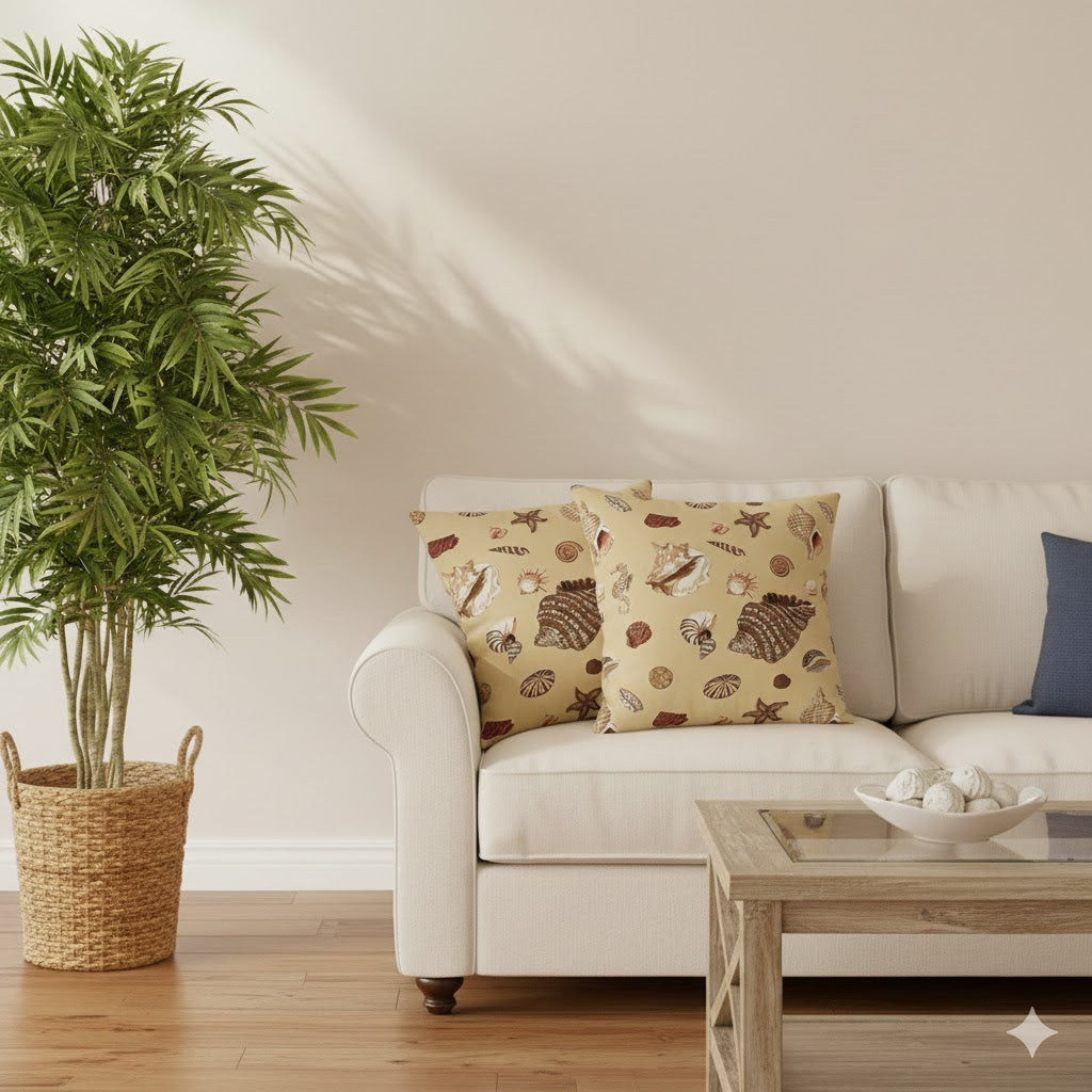 Coastal Seashell Throw Pillow Cover - Tan & Brown Nautical Accent Cushion