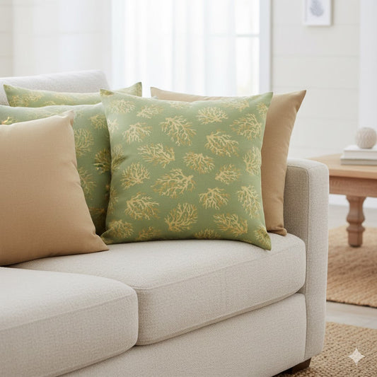 Coastal Coral Branch Accent Pillow - Sage Green & Tan Nautical Throw Cushion