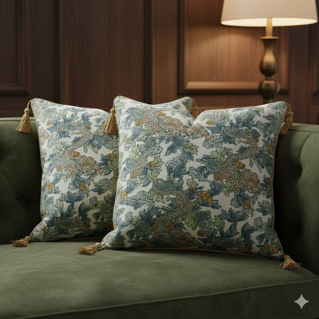 Luxury Oriental Dragon & Floral Jacquard Throw Pillow with Tassels - Arts & Crafts Style Cushion