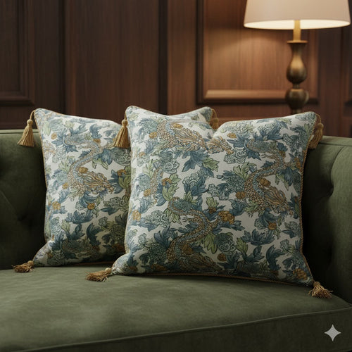 Luxury Oriental Dragon & Floral Jacquard Throw Pillow with Tassels - Arts & Crafts Style Cushion