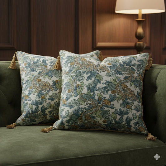 Luxury Oriental Dragon & Floral Jacquard Throw Pillow with Tassels - Arts & Crafts Style Cushion