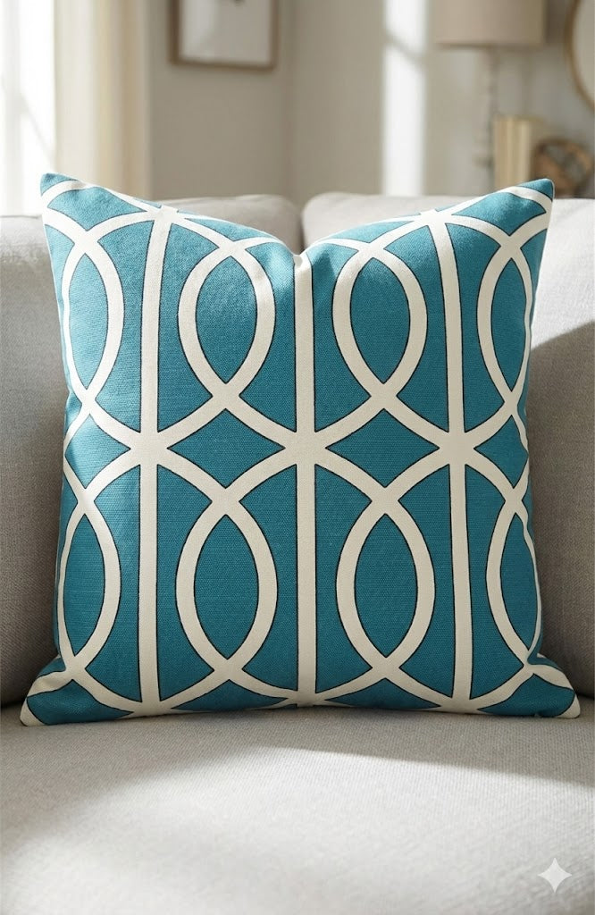 Teal & Off-White Geometric Ogee Throw Pillow - Modern Accent Cushion Cover