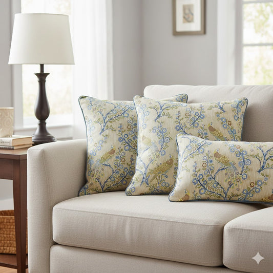 Chinoiserie Peacock & Floral Throw Pillow - Blue & Gold Jacobean Accent Cushion
