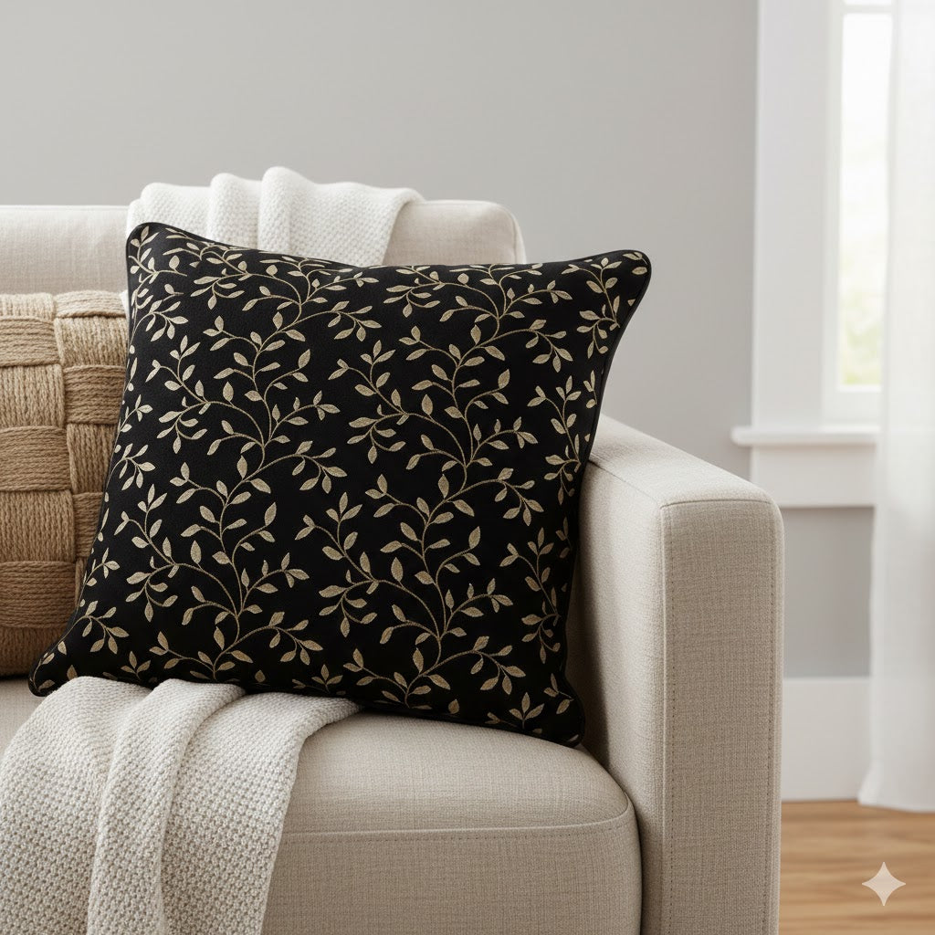 Black & Gold Vine Pattern Accent Pillow Cover - Luxury Jacquard Throw Cushion