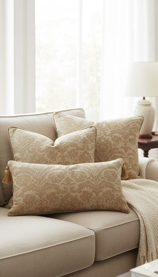 Luxurious Gold Beige Damask Throw Pillow - Decorative