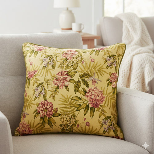 Vintage Grand Floral Throw Pillow - Pink Peony & Fern Design on Gold Yellow