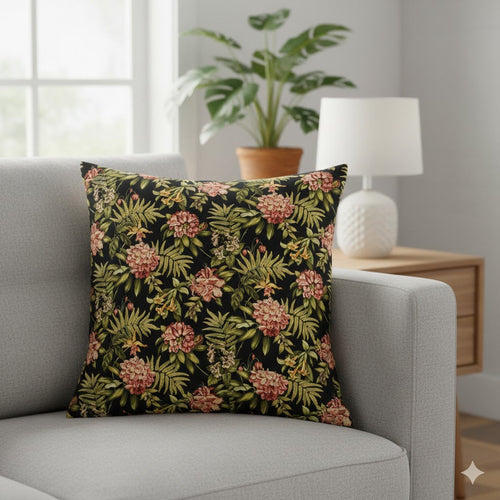 Lush Botanical Print Throw Pillow Cover - Dark Floral Fern & Peony Cushion
