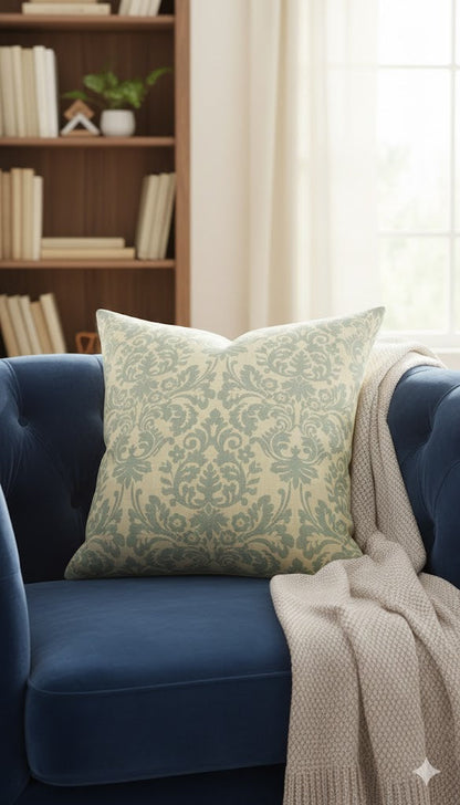 Elegant Sage Green & Cream Damask Throw Pillow Cover - Classic Linen Look