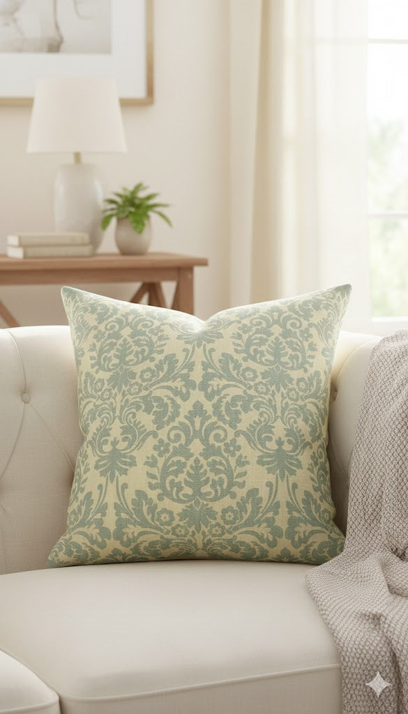 Elegant Sage Green & Cream Damask Throw Pillow Cover - Classic Linen Look