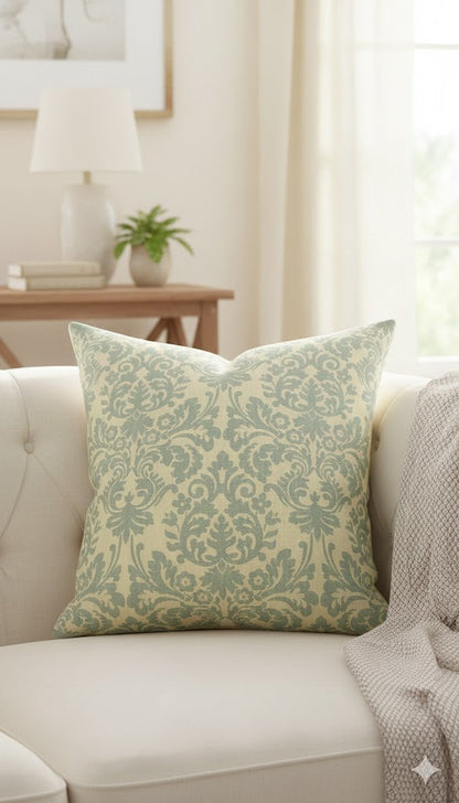 Elegant Sage Green & Cream Damask Throw Pillow Cover - Classic Linen Look